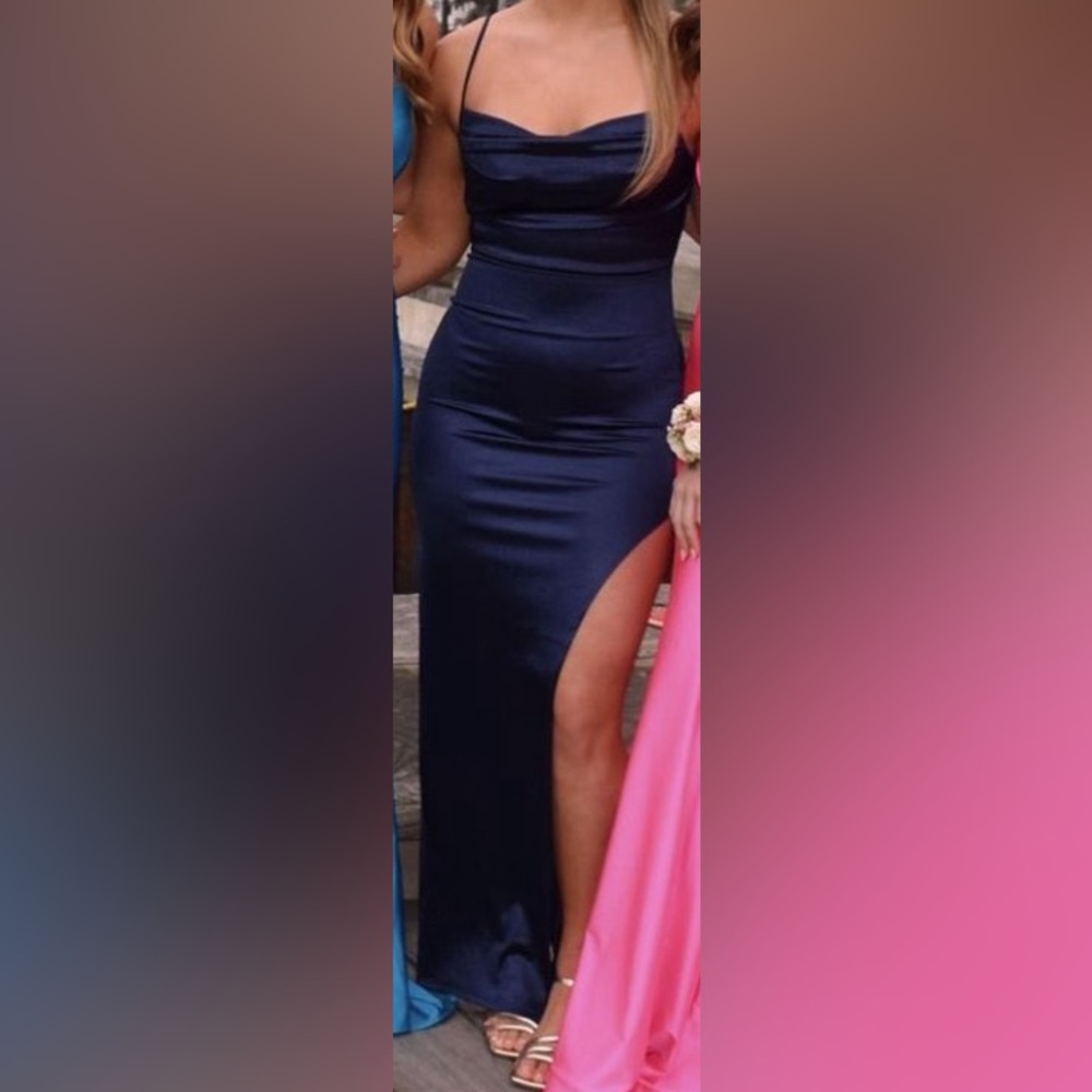 Navy Satin Cowl Neck Gown